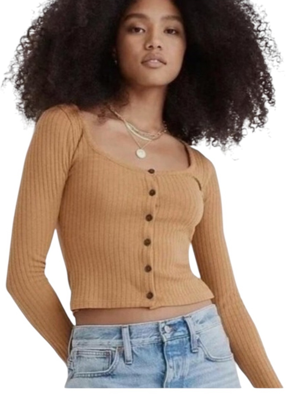 Madewell- Ribbed Button-Front Long Sleeve Crop Top Size XS